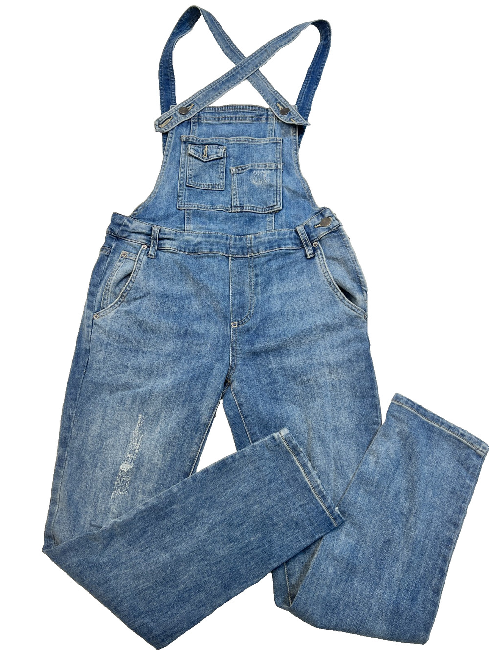 Free People Women Overalls Denim Skinny Distressed CrissCross Straps Blue, Sz 27